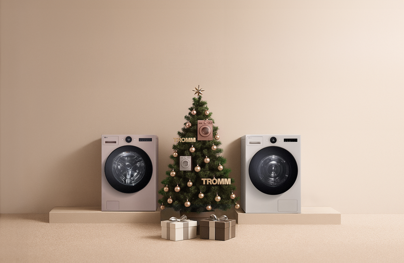 베이지 배경 중앙 단상 위 크리스마스트리와 세탁기 장식, 앞 선물 2개, 왼쪽에 LG 트롬 AI 오브제컬렉션 세탁기, 오른쪽에 LG 트롬 AI 오브제컬렉션 건조기.
하단에 으뜸효율 환급사업은 25년 12월 31일까지이며 환급 예산 소진시 조기 종료될 수 있습니다. 문구가 적혀있습니다.